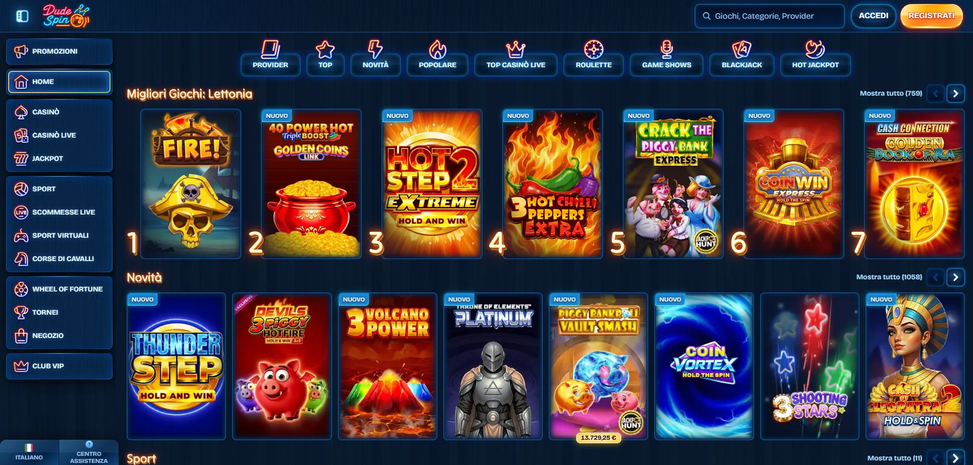 Catalogo giochi di Dudespin Casino &mdash; oltre 13.700 titoli disponibili