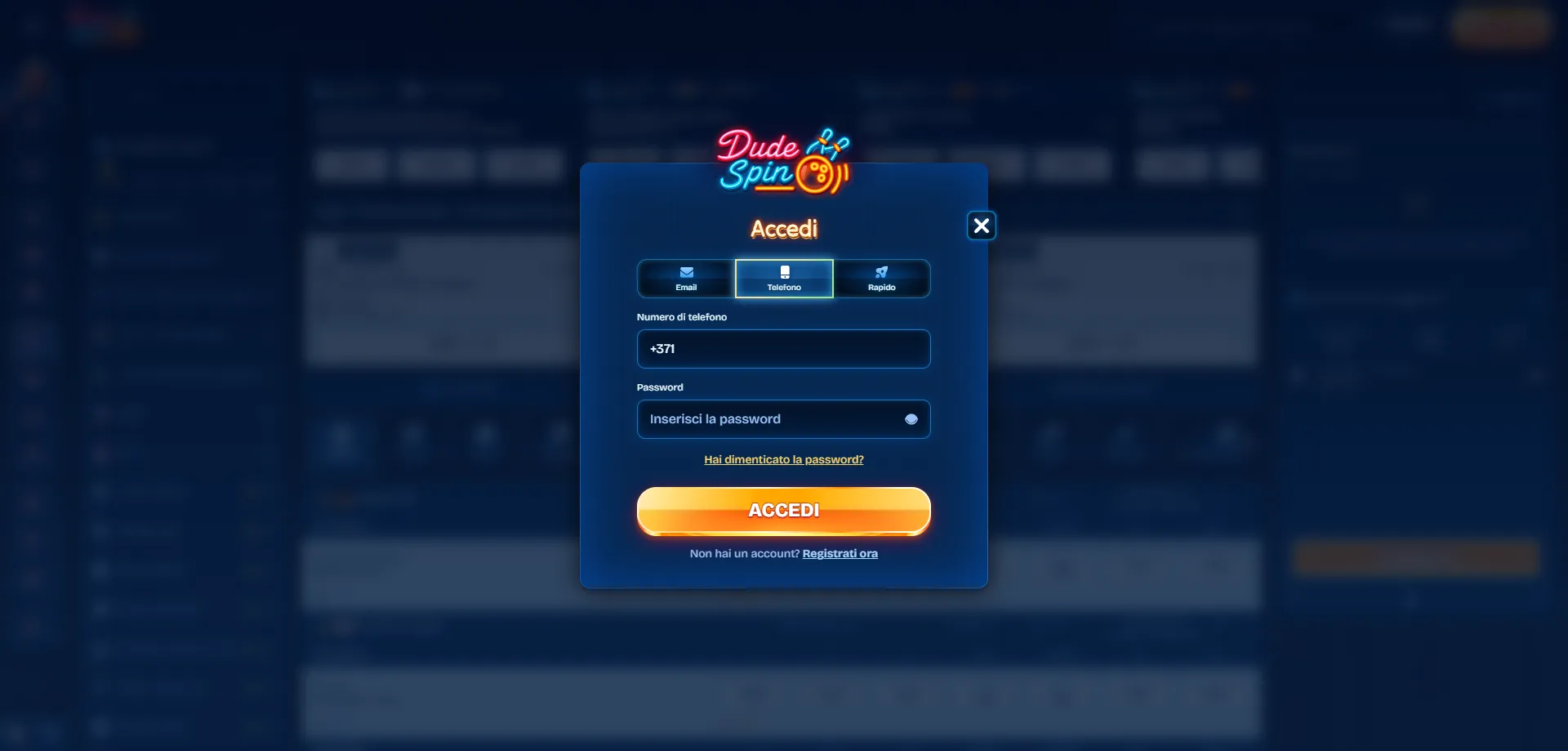 Accesso all'account Dudespin Casino dal browser mobile